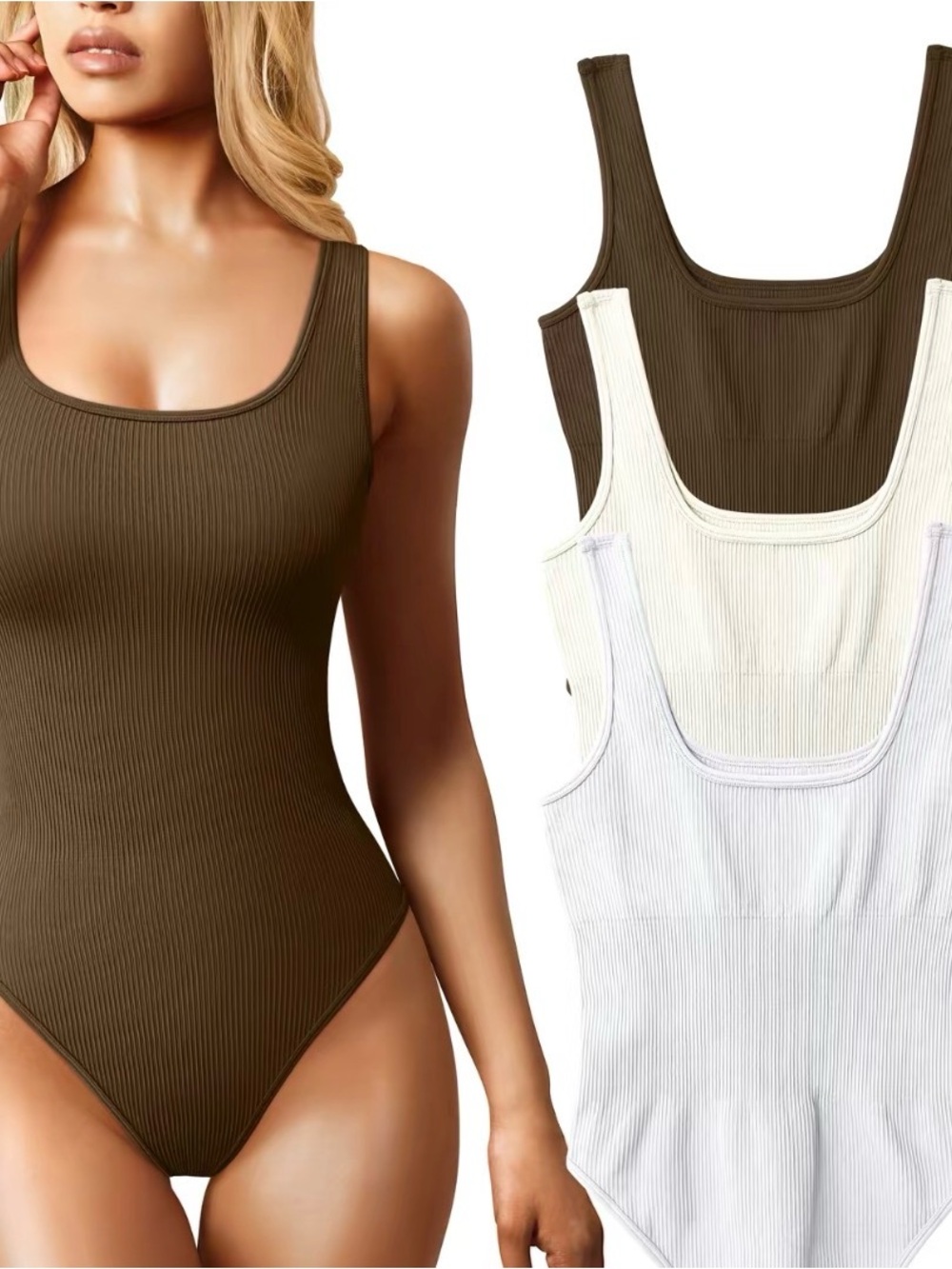 Ribbed Scoop Neck Bodysuit - Brown & Cream & white